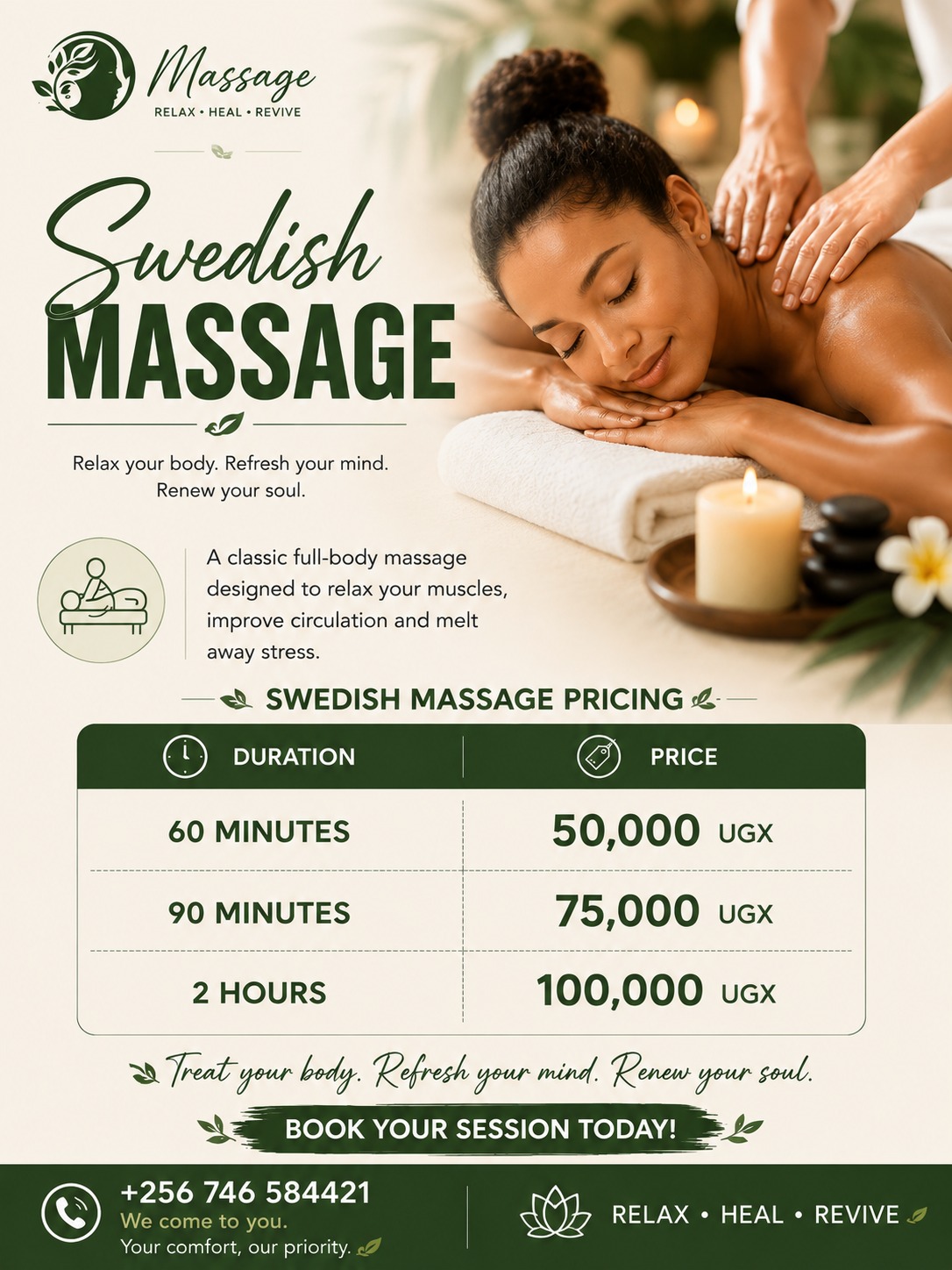 Swedish Massage service and pricing poster